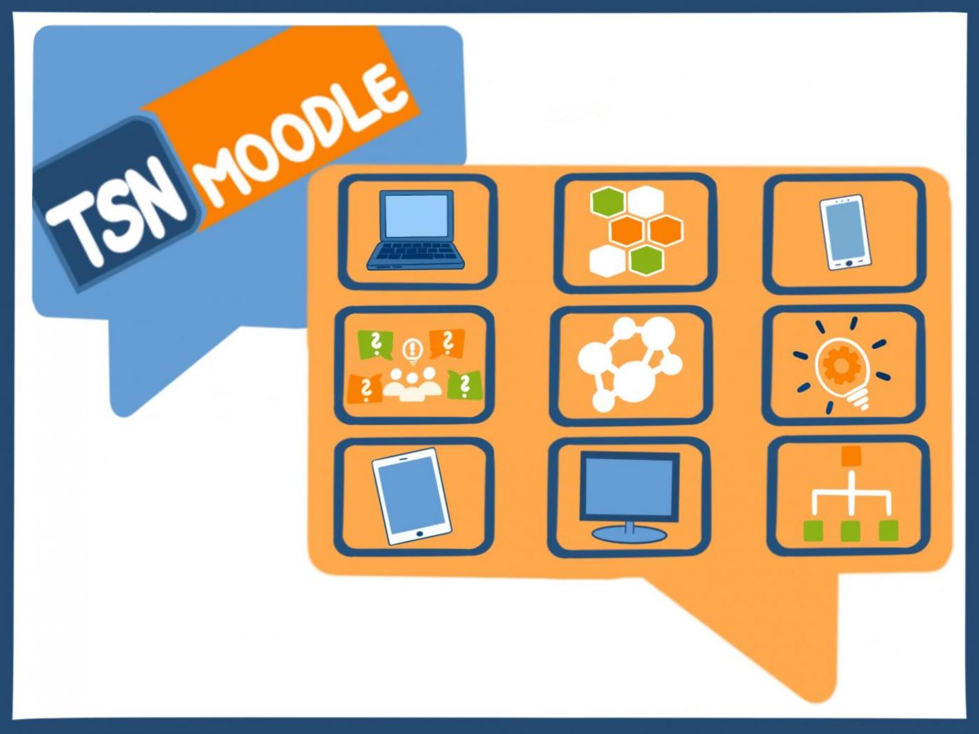 Sprechblase in blau mit dem Logo von TSNmoodle im Hintergrund, Sprechblase in orange mit verschiedenen Icons (u.a. Notebook, Smartphone , Baumstruktur, etc.)