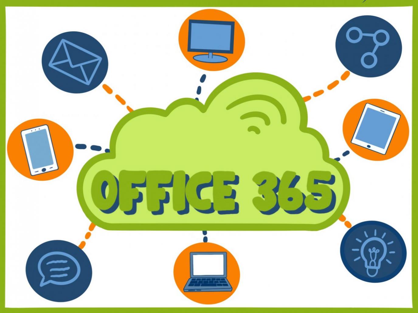 Eine grüne Wolke mit der Inschrift Office 365, davon ausgehend Linien die zu diversen weiteren Icons führen (Brief, Sprechblase, Smartphone, etc.)
